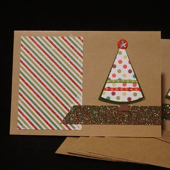 Set of 4 Kraft Holiday Christmas Handmade Greeting Cards with 3D Dot Tree - Picture 2 of 3